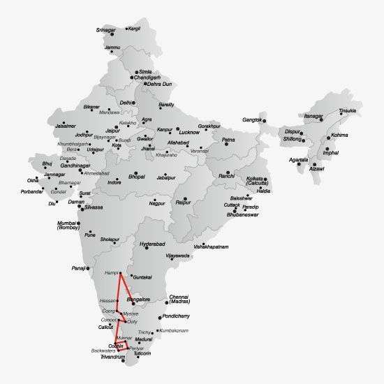 De route van de Compleet Karnataka & Kerala rondreis<br>